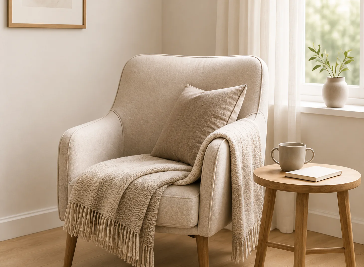 A soft armchair with a throw beside a window, a mug and journal on the side table