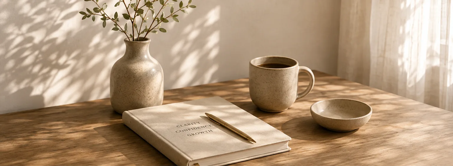 A journal marked Clarity, Confidence, Growth on a sunlit table beside a mug