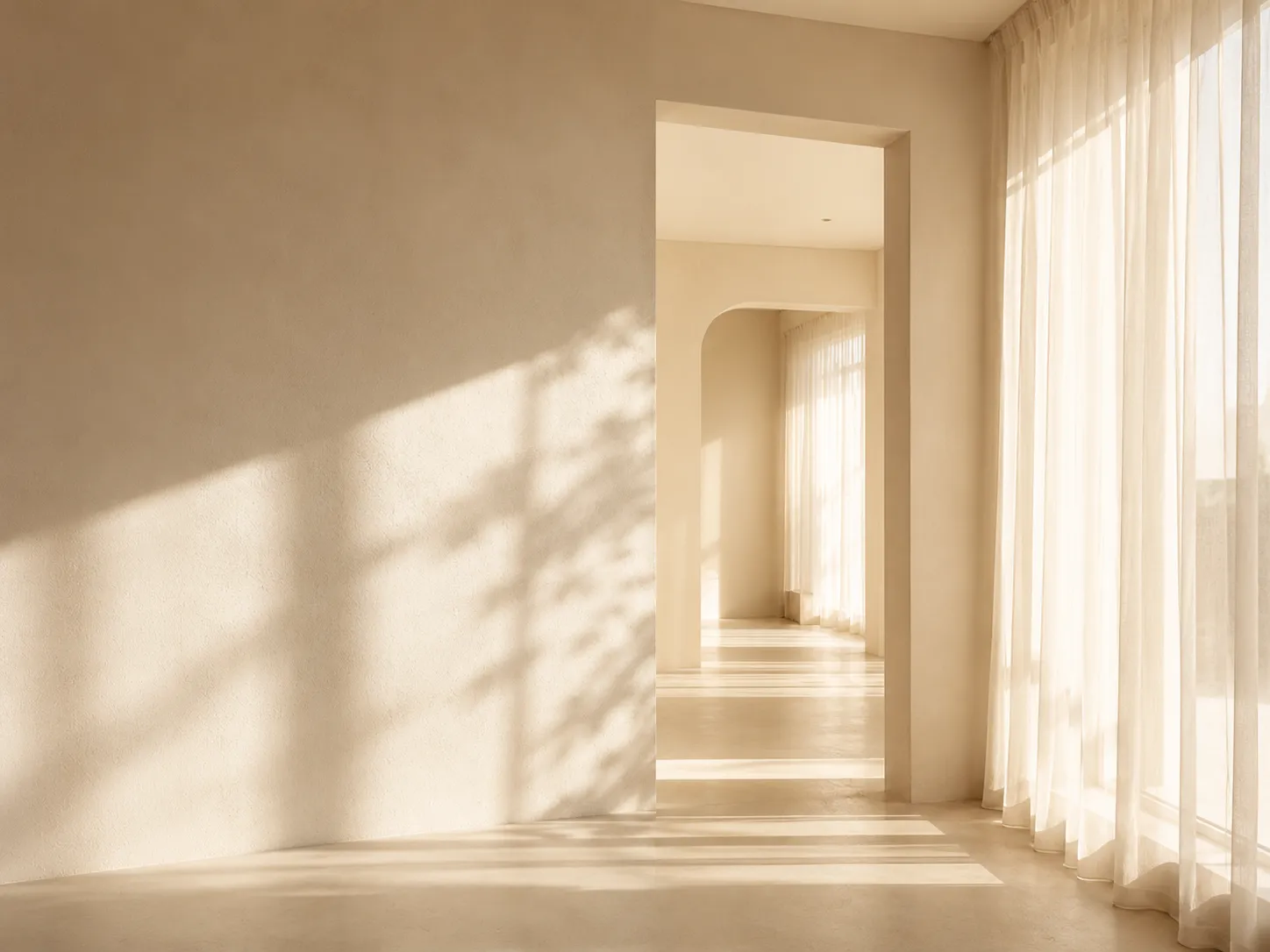 A sunlit, calm hallway with arched doorways and sheer curtains