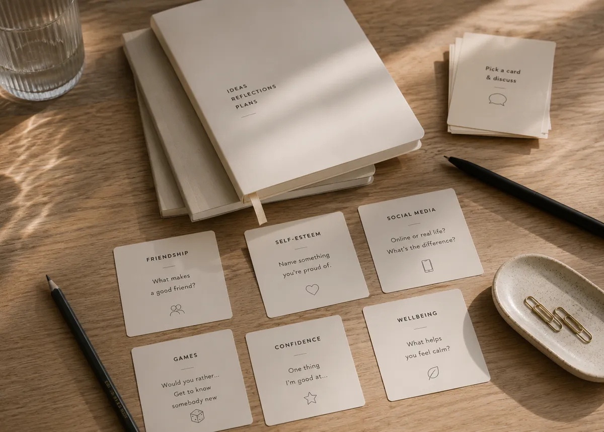 Discussion cards and journals used in workshops, laid out on a wooden table