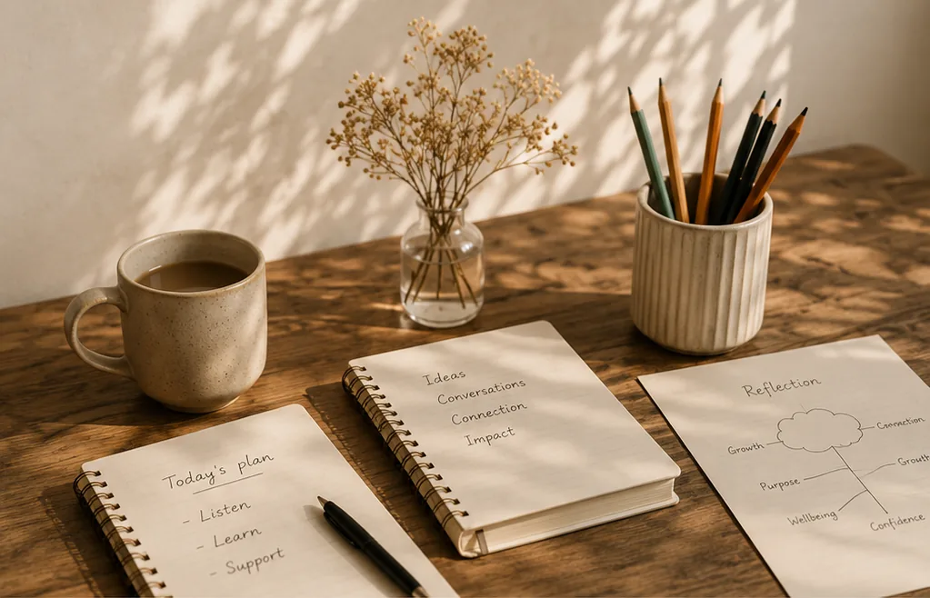 Workshop notebooks and reflection sheets laid out on a sunlit table